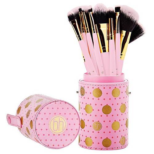 بي اتش كوزماتيكس طقم فرش مكياج في علبة جلد وردي 12حبة