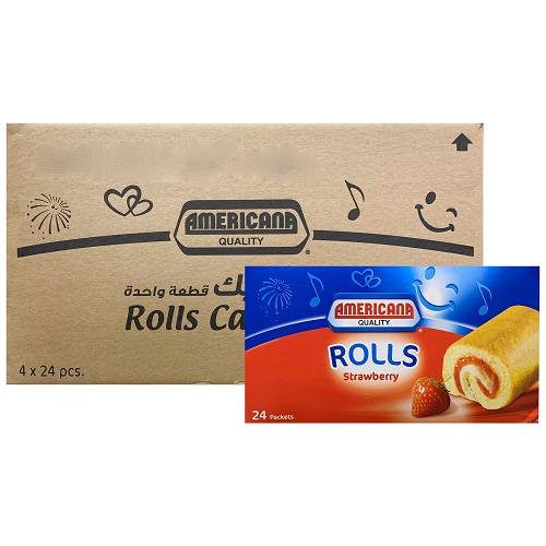 امريكانا رولز فراولة 25جم كرتون 24حبة 4باكيت 1كرتون