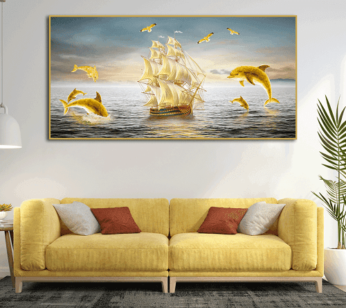 لوحة البحر الذهبية مصنوعة من خام الكانفس عالي الجودة مع اطار داخلي رقم.2252357