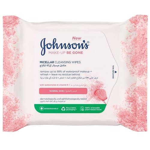 جونسون مناديل تنظيف ميسيلار بالبطيخ وفيتامين ه لازالة المكياج للبشرة العادية 25منديل