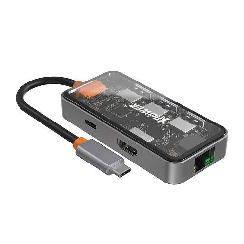 اكس باور اتش يو62 PD Type C هاب 6في1 100واط رمادي شفاف موديل رقم.6IN1-GY