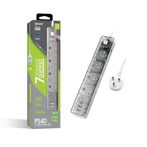 اكس باور بي اس4دي مقبس طاقة مع 7منافذ 3250واط اسود شفاف موديل رقم.XP-PS4D-TSP