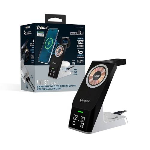 اكس باور دبليو ال اس11 محطة شحن لاسلكية مغناطيسية مع شاشة عرض و منبه 15واط اسود موديل رقم.XP-HYD-H27-BK