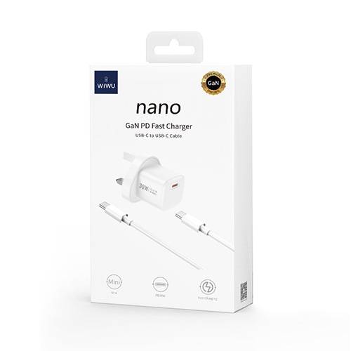 ويوو شاحن سريع بقدرة 30واط بتقنية PD قابس بريطاني مع كابل تايب سي الى تايب سي ابيض