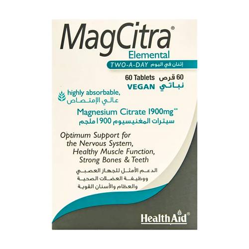 هيلث ايد ماج سيترات المينتال 1900مجم سيترات المغنسيوم لدعم الجهاز العصبي وتقوية العظام 60قرص نباتي