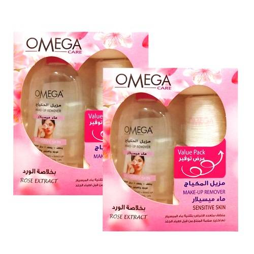 اوميجا كير مزيل المكياج للبشرة الحساسة بخلاصة الورد 480مل 2حبة