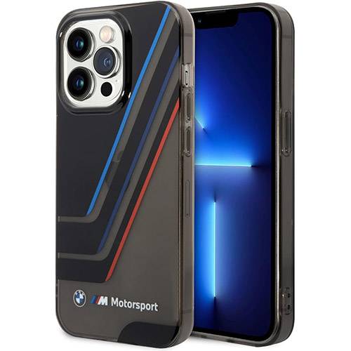 بي ام دبليو مجموعة موتورسبورت جراب PC/TPU مع خطوط ثلاثية الالوان مطبوعة لايفون 14برو اسود