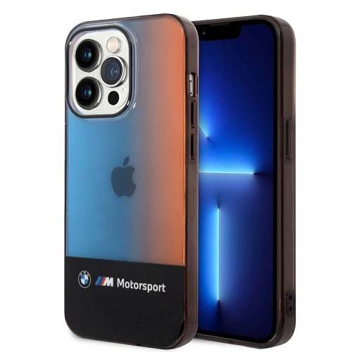 بي ام دبليو مجموعة موتورسبورت جراب PC/TPU مع شريط ثلاثي الالوان متدرج لايفون 14برو اسود