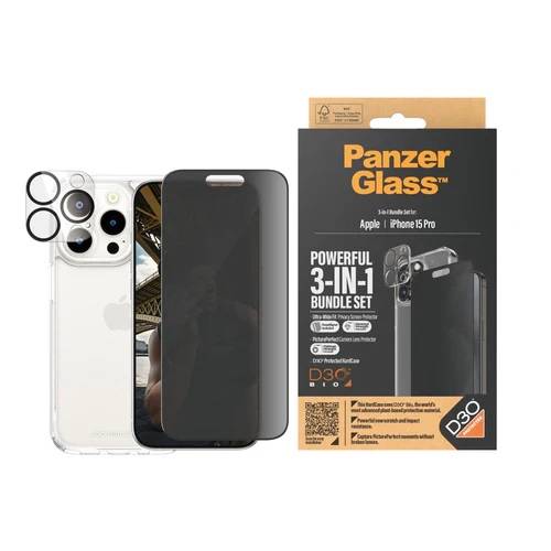 بانزر جلاس حزمة 3 في 1 لايفون 15 برو مع D3O خصوصية موديل رقم.B1173+P2810