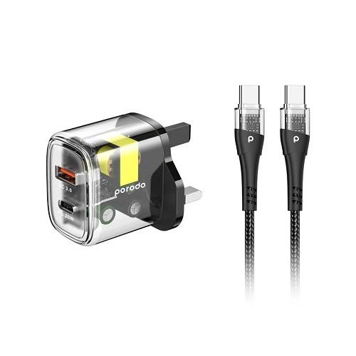 بورودو شاحن ذو مخرجين شفاف سريع Type C PD و USB QC مع كابل Type C الى Type C بطول 1.2م