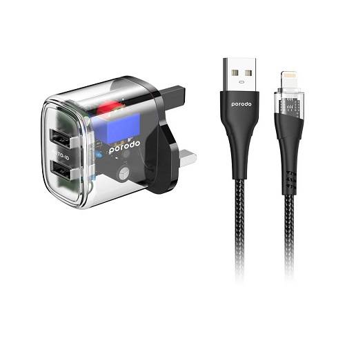 بورودو شاحن ذو مخرجين شفاف 2.4امبير مع كابل USB A الى لايتنينج 1.2م اسود