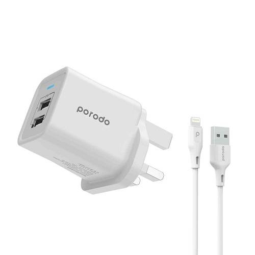 بورودو شاحن حائط ثنائي USB بقوة 2.4امبير مع كابل لايتنينج PVC بطول 1.2م ابيض موديل رقم.PDFWCH011LWH