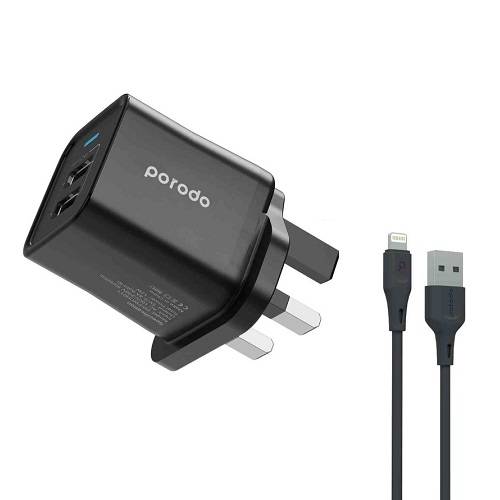 بورودو شاحن حائط ثنائي USB بقوة 2.4امبير مع كابل لايتنينج PVC بطول 1.2م اسود موديل رقم.PDFWCH011LBK