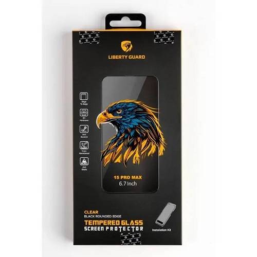 ليبرتي جارد واقي شاشة من الزجاج المقوى بحواف مستديرة سوداء لهاتف ايفون 15برو ماكس مع مجموعة التثبيت