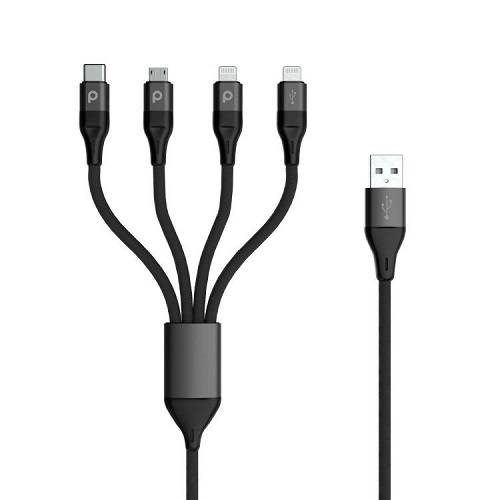 بورودو 4في1 كابل الومنيوم مضفر USB الى 2 لايتنينج وMicro USB وType C بطول 1.2م 2.4امبير اسود