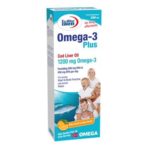 يورو فيتال اوميجا 3 بلس زيت كبد سمك القد 1200مجم مكمل غذائي بنكهة البرتقال 200مل