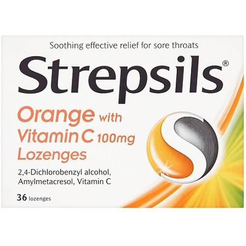 ستربسلز اقراص ملطفه لتخفيف اعراض التهاب الحنجرة بالبرتقال مع فيتامين ج 100مجم 36قرص استحلاب