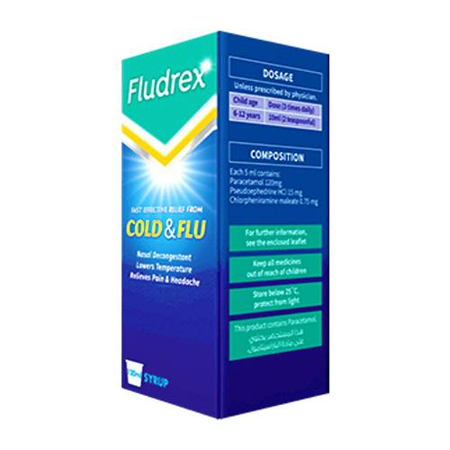 فلودركس شراب لتخفيف فعال من نزلات البرد والانفلونزا واحتقان الانف ودرجة الحرارة والالم والصداع 120مل