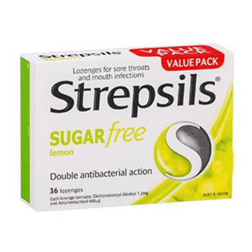 ستربسلز اقراص ملطفه لتخفيف اعراض التهاب الحنجرة بالليمون الخالي من السكر 36قرص استحلاب