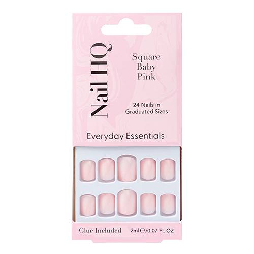 نيل اتش كيو اظافر مربعة بمقاسات متدرجة باللون الوردي الفاتح 24قطعة مع لاصق 2مل