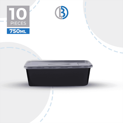 ماعون ميكرويف مستطيل مع غطاء اسود 10حبة 750مل 