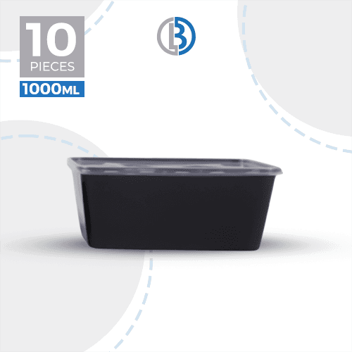 ماعون ميكرويف مستطيل مع غطاء اسود 10حبة 1000مل