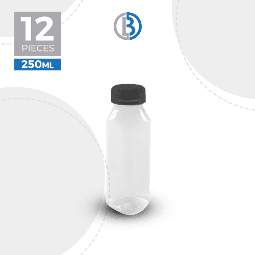 بي واي دي زجاجة بلاستيكية مربعه شفافة بغطاء اسود 250مل 12قطعة