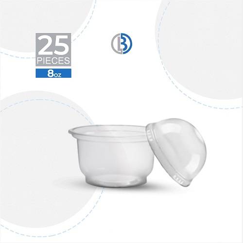 كوب ايس كريم بلاستيك شفاف غطاء قبة 8اونصه قطر92مم 25حبة