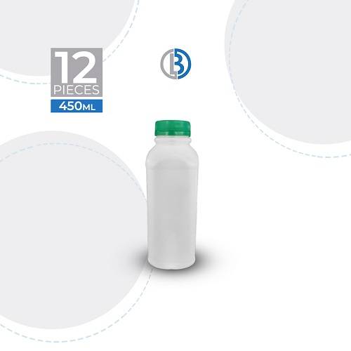 زجاجة حليب بلاستيكية مربعة بيضاء مع غطاء اخضر 450مل 12حبة