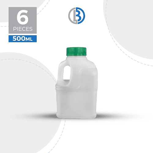 زجاجة حليب بلاستيكية مربعة بيضاء مع غطاء اخضر 500مل 6قطع