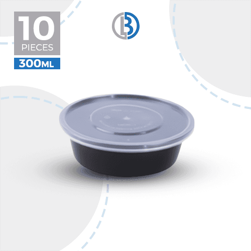 وعاء ميكرويف مدور مع غطاء اسود 10حبة 300مل