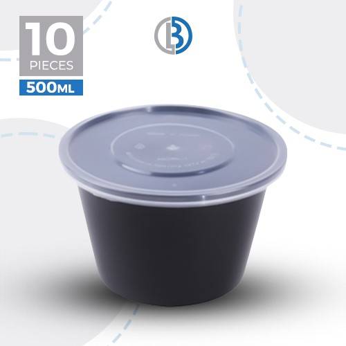 وعاء ميكرويف مدور مع غطاء اسود 10حبة 500مل