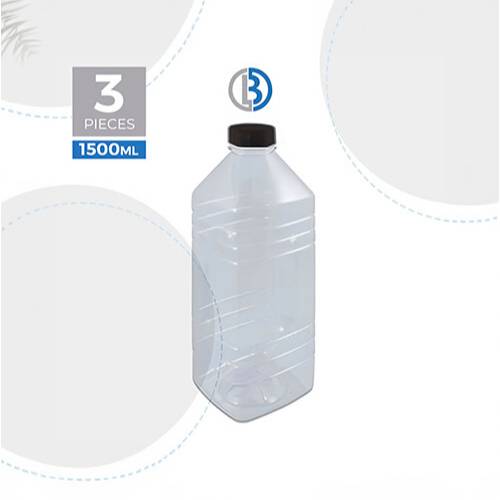 بطل بلاستيك شفافة مربع الشكل غطاء اسود 1.5لتر 3حبة