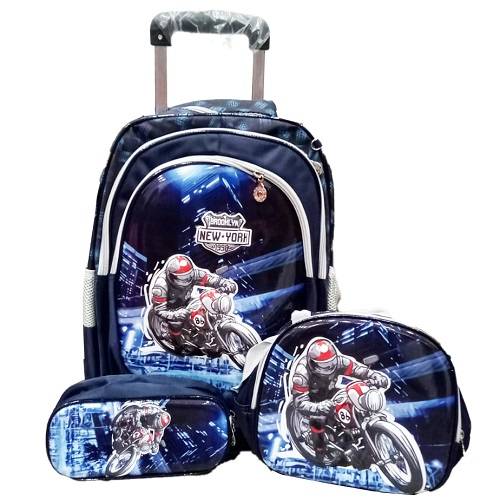 حقيبة مدرسية للاولاد وسط ترولى مع لانش بوكس ومقلمة شكل دراجة نارية