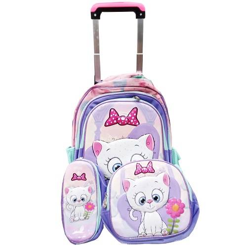 حقيبة مدرسية للبنات وسط ترولى مع لانش بوكس ومقلمة شكل قطة