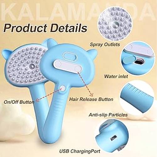 فرشاة مطاطية للحيوانات الاليفة بالبخار ورذاذ الماء 4في1 ازرق موديل رقم.K2059