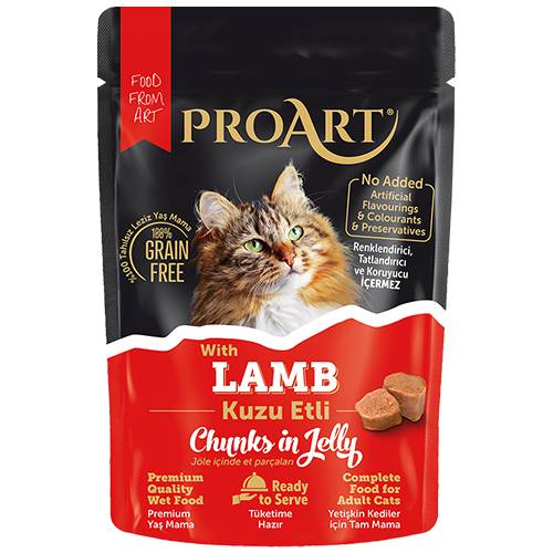 برو ارت طعام رطب متكامل للقطط البالغة قطع لحم الضان في الجيلي 85جم 3حبة