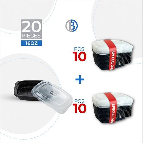 ماعون ميكرويف مستطيل اللون الأسود مع غطاء شد 10+10حبة موديل رقم.PP-120Z 