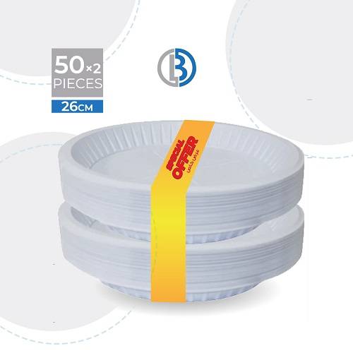 صحن بلاستيك مدور أبيض مقاسP26 عرض 50حبة و50حبة مجانا