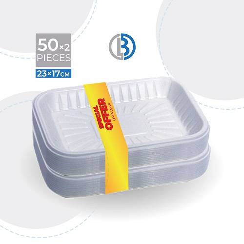 صحن بلاستيك مستطيل أبيض مقاسT3 عرض 50حبة و50حبة مجانا