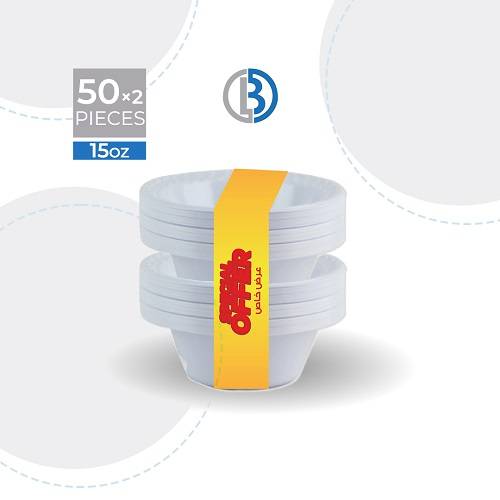 وعاء بلاستيكي مدور أبيض مقاس 15OZ عرض 50حبة و 50حبة