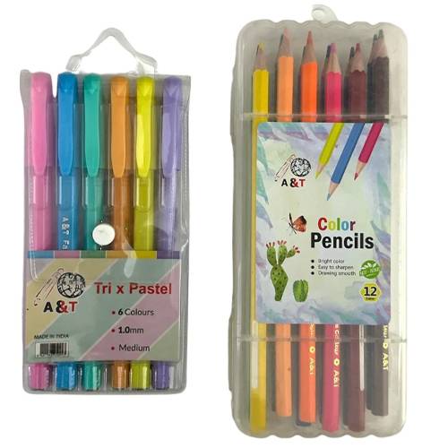 اي اند تي باكيدج الوان خشبية 12لون واقلام حبر باستيل 6لون
