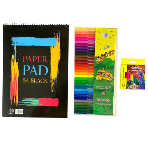 اي اند تي مجموعة قرطاسية دفتر ورق اسود 43حبة+30 لون شيني+12 لون خشبي قصير