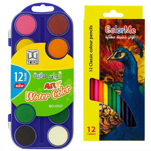 اي اند تي الوان خشبية 12لون+توينز الوان مائية 12لون عرض قرطاسية العودة الى المدرسة