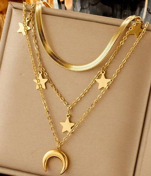 قلادة من الفولاذ المقاوم للصدا 3طبقات نجم وقمر