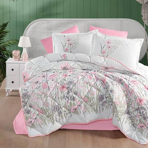 مورا كلاسي طقم لحاف نفرين كينج 100% قطن 240x260سم 8قطع اوف وايت بينك موديل رقم.J-1122