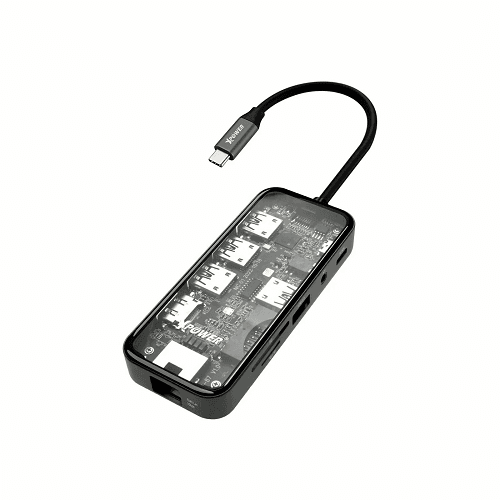 اكس باور اتش اي10 PD Type C هاب 10في1 92واط رمادي شفاف موديل رقم.XP-HU10-GY