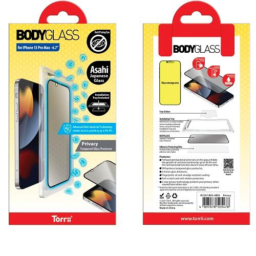 توري بودي جلاس حماية شاشة مضادة للبكتيريا لايفون 13 برو ماكس6.7بوصة خصوصية موديل رقم.IP2167-BDG-AB03