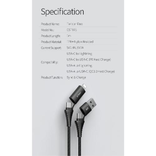 اي ووك تويستر دو كابل شحن 60واط PD و QC3.0 اسود 4فى1 60واط 1م موديل رقم.CST025CC-001A