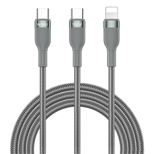 ويوو كابل شحن 2في1 Type C الي Type C ولايتنينج رمادي 100واط 1.2م